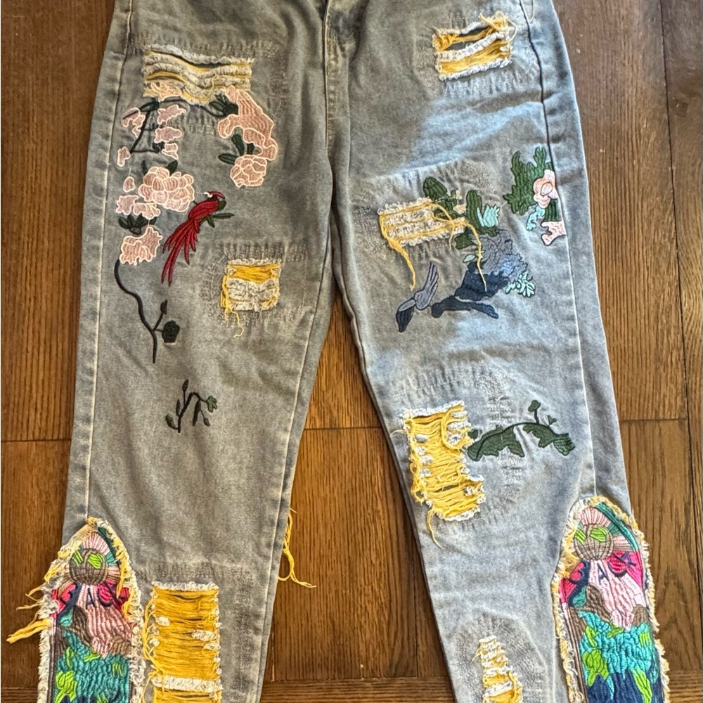 Embroidered Designer-Inspired Fusion Jeans – Men’s L (Distressed Patchwork)